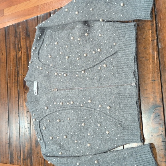 Zara Pearl Knit Bomber Sweater Zip Up - Picture 4 of 13